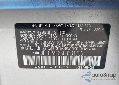 2014 Subaru Impreza 2.0I Sport Premium из США, поврежденный, VIN JF1GPAL65EH331736